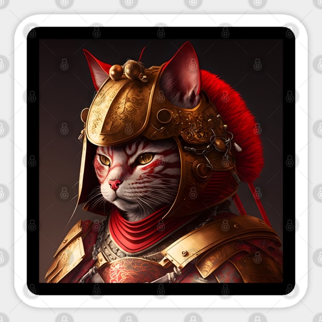 Samurai Cat Warrior Wearing Red and Gold Armor Sticker by ArtisticCorner